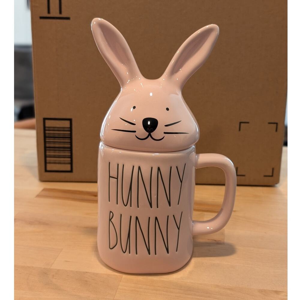 Rae Dunn Magenta Hunny Bunny Pastel Pink Ceramic Coffee Tea Mug Bunny Ears Lid